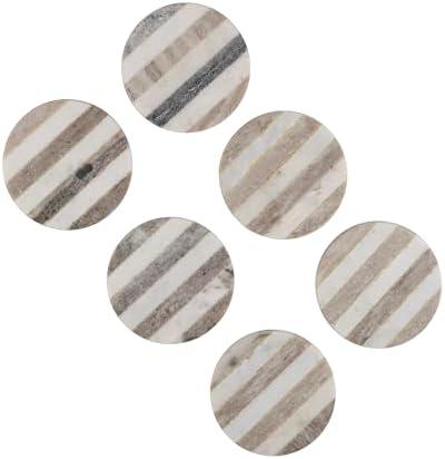 GoCraft Handcrafted Marble Round Coasters with Striped Inlay - Set of 6 White & Grey Marble Coasters for Wine Glasses, Drinks & Beverages, Stylish Barware & Home Decor for Dining & Entertaining One Damaged