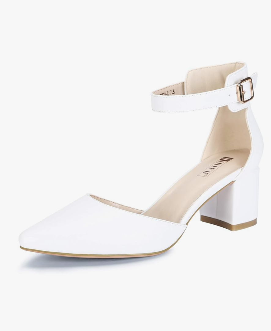 IDIFU Women's IN2 Pedazo Dress Shoes Low Block Heels Comfortable Chunky Closed Toe Ankle Strap Wedding Pumps Color: White Pu, Size 8
