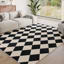 8x10 Washable Checkered Rugs for Bedroom, Black and Beige Area Rug for Living Room, Geometric Faux Wool Carpet for Kids, Girls, Boys Playroom, Dorm, Nursery, Dining Room, Kitchen, Non Slip