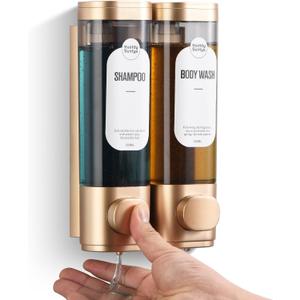 Shampoo and Conditioner Dispenser, Refillabe Shower Soap Dispensers 2 Chamber No Drill Shampoo Dispenser for Shower Wall Mounted 2 * 300ml Container for Bathroom Hotel (Gold 2 Chamber)