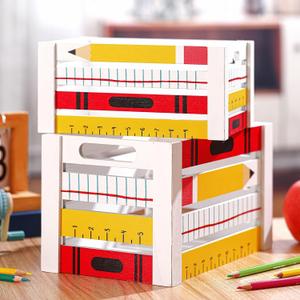 Weysat 2 Pcs Desk Organizer Wooden Multi-functional Crayon Printed Desktop Storage Accessories for Back to School Classroom Dorm Teacher Office Desk Pencil Pen Holder File Folder Organizer Supplies