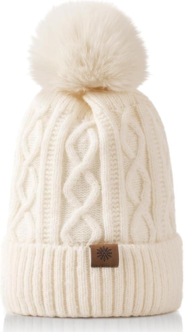 Avisky Womens Winter Knitted Beanie Hat with Faux Fur Winter Hats for Women Fur Pom Warm Knit Skull Cap Thick Beanie Hat (Diamond Pattern, Off-white)