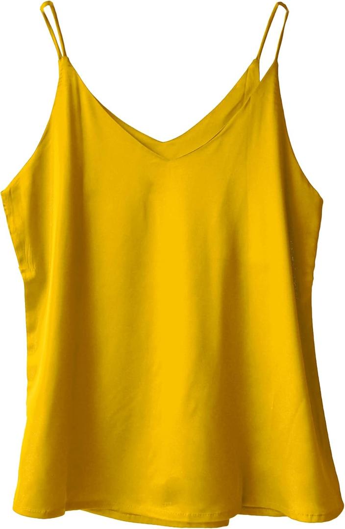 Wantschun Womens Silk Satin Camisole Cami Plain Strappy Vest Top T-Shirt Blouse Tank Shirt V-Neck Spaghetti Strap XS-4X (Yellow, S)