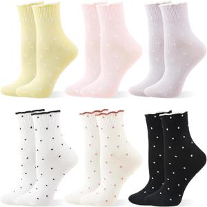 Cute Ruffle Cotton Crew Socks for Women Bow Striped Polka Dot Checkered Casual Soft Princess Sock for Girls