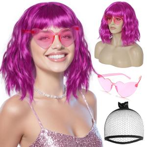 ANOGOL+Hair Cap+Heart-shaped Glasses Fuchsia Bob Wig with Bangs Pink Wavy Shoulder Length Wig Neon Pink Bob Wigs Womens Colorful Bob Wigs for Daily Wear Halloween Party Bachelorette Music Party