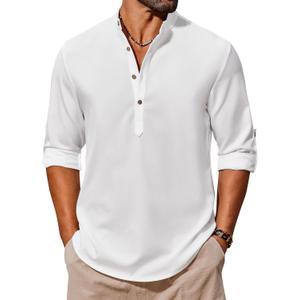 COOFANDY Men's Casual Henley Shirts Long Sleeve Band Collar Lightweight Beach Shirts Summer T-Shirts (White, XL)
