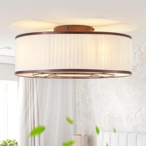 Boho Ceiling Fan with Light Flush Mount, 20" Brown Caged Ceiling Fan with Lights Remote Control, Bladeless Ceiling Fans 6 Speeds for Bedroom, Living Room, Nursery