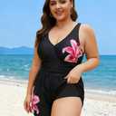 Plus Size Swim Romper Women One Piece Swimsuit Tummy Control Bathing Suit with Shorts Modest Full Coverage Swimwear (Black, XXXL)