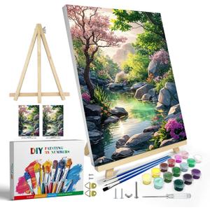 JOOZ Paint by Numbers Kit for Adults with Frame, Landscape Paint by Number Canvas, Mountain Paint by Numbers with Easel, DIY Flowers Scenery Oil Painting Kit for Home Wall Decor 8 x 12 Inch