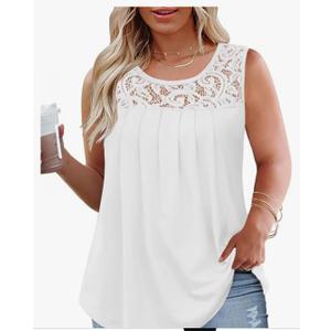 Womens-Plus-Size-Tank-Tops 2025 Casual Loose Fit Sleeveless T Shirts Flowy Pleated Lace Tunics Cute Blouses, 2XL