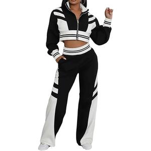 KANSOON Women Sweat Suits 2 Piece Set Color Block Crop Jackets and Jogger Sweatpants Track Outfits Black XL