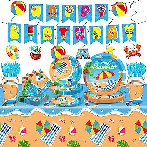 Qyeahkj 184 Pcs Beach Party Supplies Plates Napkins Set Includes Summer Plates Napkins Cups Tablecloth Swirls Banner Tableware Kit Beach Hawaiian Pool Birthday Decorations Favors for Kids, Serve 25
