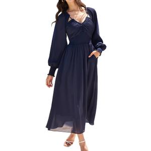 Long Sleeve Chiffon Midi Dresses Cut Out Back Sexy V Neck Smocked Waist Fall Wedding Guest Dress with Pockets