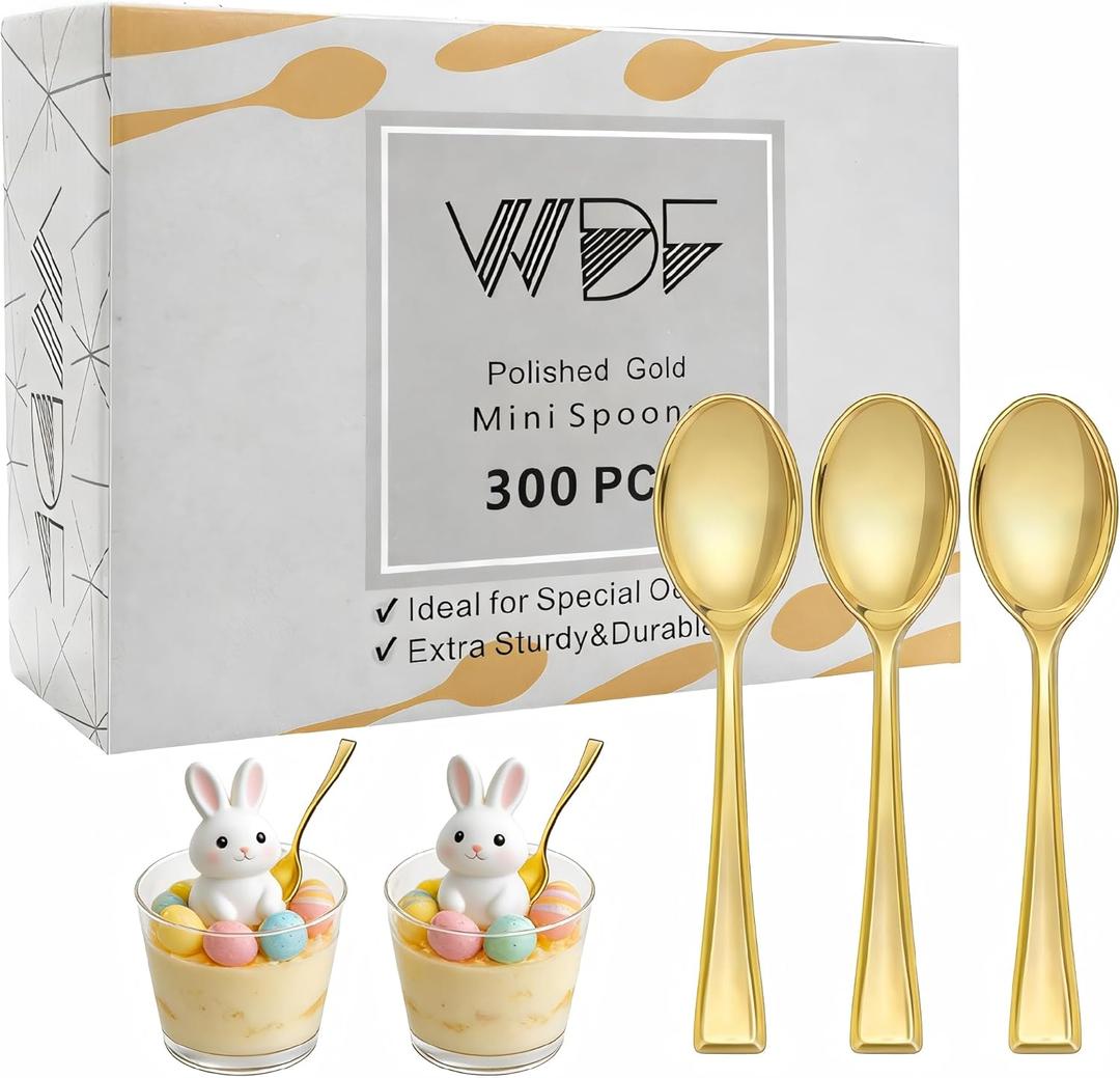 WDF 300PCS Plastic Gold Mini Spoons - 4 Inches Gold Plastic Desserts Spoons, Heavy Duty Disposable Spoons Perfect for Coffee, Cake, Appetizers,Ice Cream,Wedding, Birthday, Party, Easter