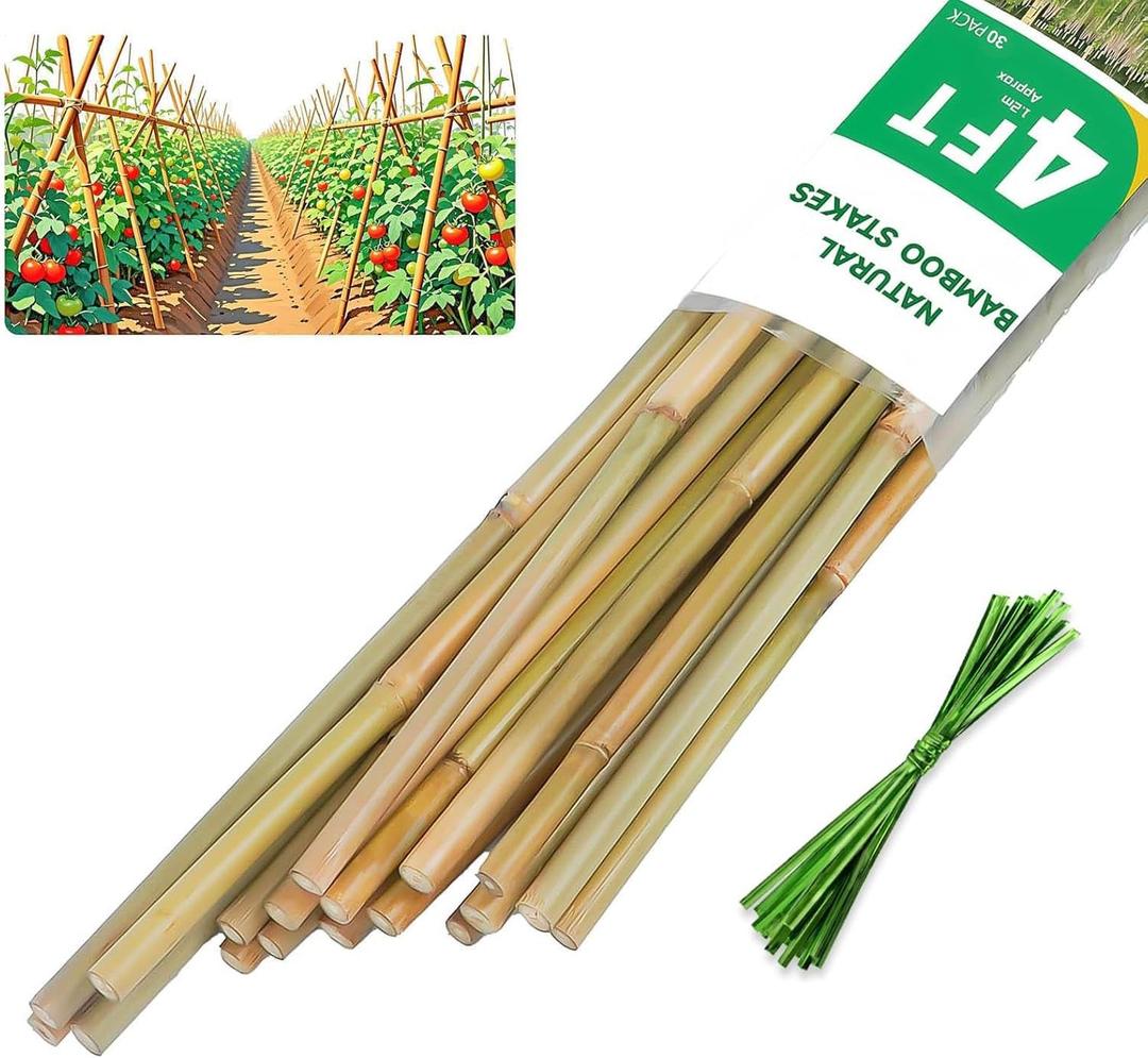 4ft Natural Bamboo Plant Stakes for Tomatoes, Beans, Flowers, Potted, Climbing Plants 30pcs