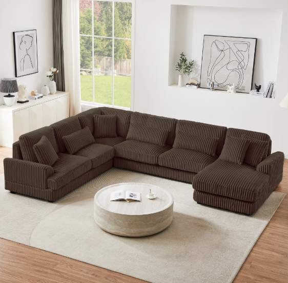 Harper & Bright Designs U-Shaped Sectional Sofa Corduroy Fabric, Oversized Couch with Chaise Lounge for Living Room, 129", Brown