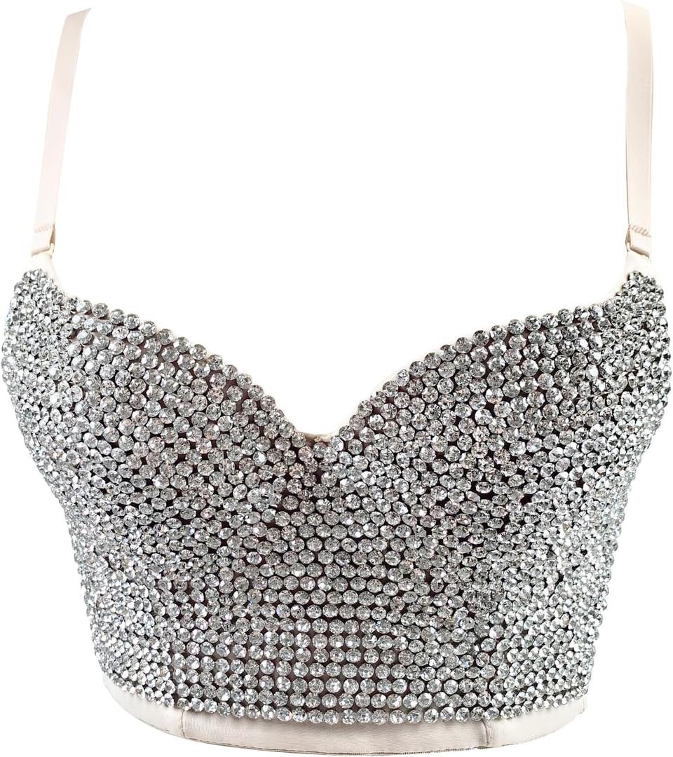 Women's Bustier Crop Top Mesh Corset Top Push up Rhinestone Diamond Bra Club Party Vest (Medium, #2 Silver & Beige)