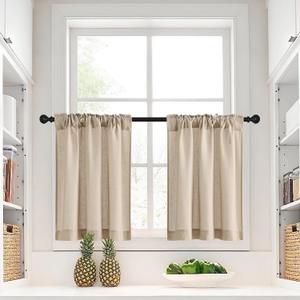 NICETOWN Linen Short Curtains for Kichen 30 inch Long 2 Panels, Rod Pocket & Back Tab Semi Sheer Window Tiers Privacy Added with Light Filtering Valances for Bedroom/Living Room,Angora, W34 x L30