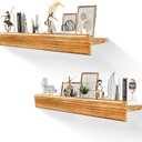 32 Inch Picture Ledge Shelf with Lip,Floating Shelves for Wall, Set of 2 Solid Pine Wood Shelves with Invisible Brackets, Wall Storage for Living Room, Bedroom, Kitchen, Bathroom(Carbonized Brown)