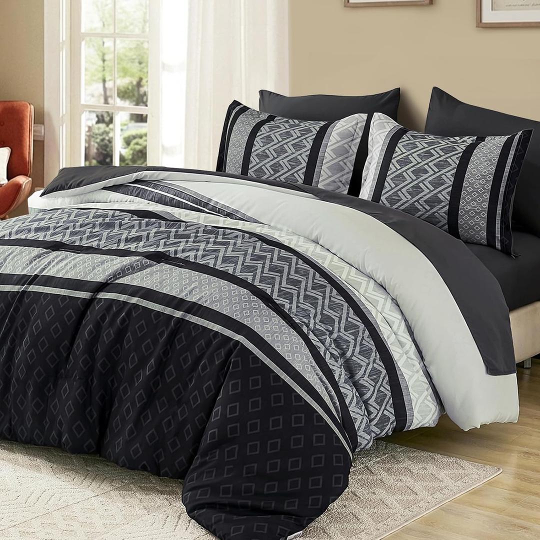 Cottolester Boho Comforter Set King Size,Black Gray Striped Bed in a Bag,Fall Plaid Comforter and Sheet Set,Soft Microfiber Complete Bedding Sets