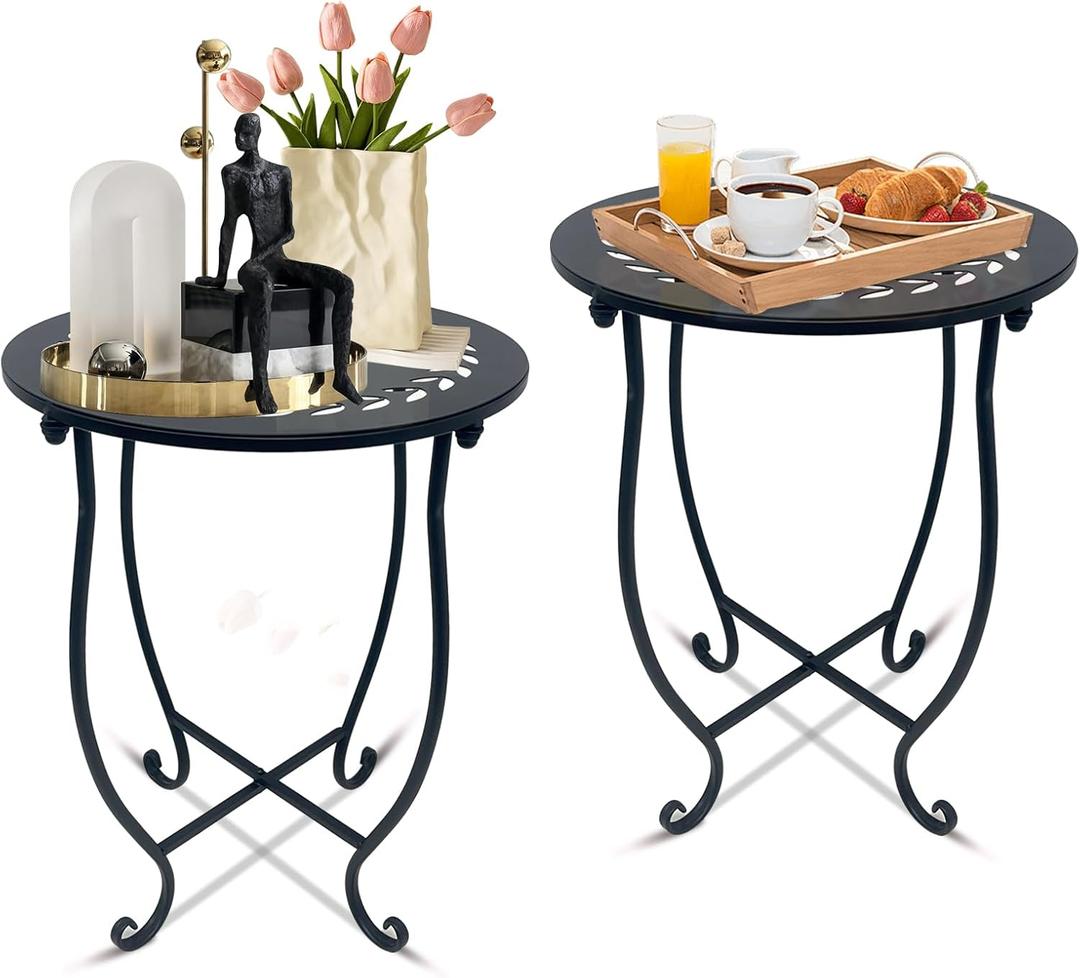 Round Side Table Set of 2, Metal Patio Side Tables End Tables, Weather Resistant Round Coffee Table Bedside Table Nightstand for Home Garden Office, 14 Inch Outdoor Side Table for Patio Balcony Yard