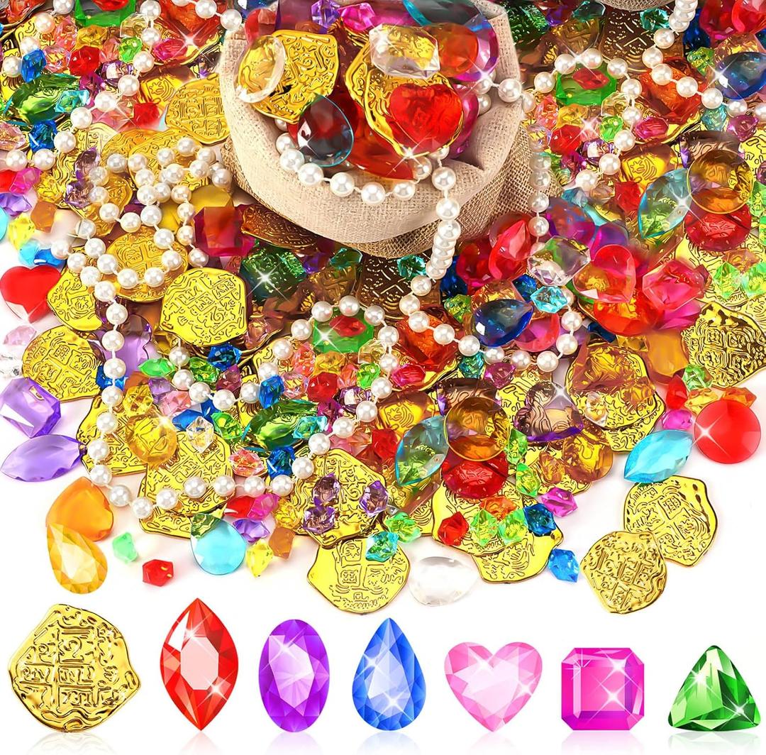 MARFOREVER Pool Toys Pirate Treasure Gems and Gold Coins, 246 Pcs Fake Coins Plastic Gems Jewels Playset for Summer Sand Beach Bath Toys Halloween Pirate Adventure Party Favors Decorations
