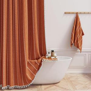 BTTN Stall Shower Curtain - 60x72 Narrow Boho Farmhouse Linen Vintage Striped Fabric Shower Curtain Set with 10 Hook, Bohemian Cottage Decorative Heavy Duty Shower Curtains for Bathroom - Burnt Orange