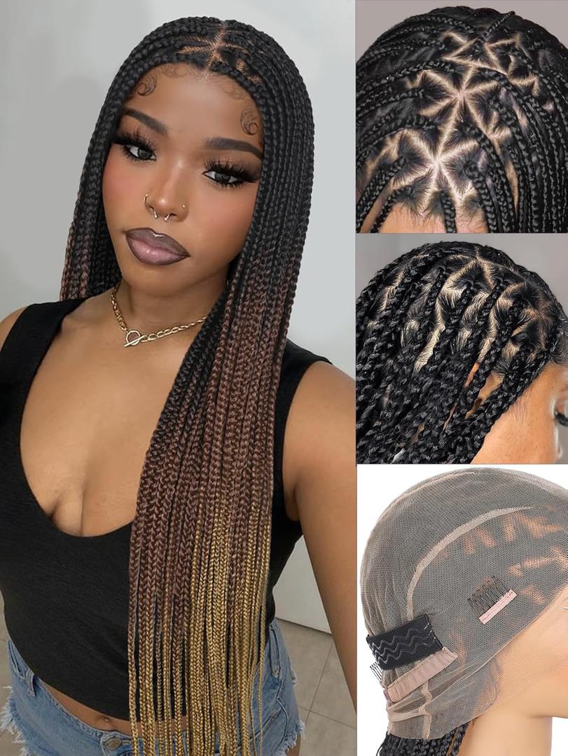 HANNE Full Lace Braided Wigs for Black Women Knotless Braided Wigs with Baby Hair 100% Handmade HD Lace Synthetic Box Braid Wig (1B/30/27- Triangle Box)
