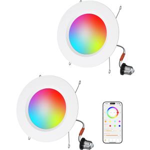 LED Recessed Lighting 5/6 inch, Smart Bluetooth Can Lights, 13W 1050LM, RGB Color Changing Selectable, Retrofit Led Recessed Light Fixtures Compatible with Alexa for Bedroom Living Room Kitchen, 2Pack
