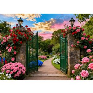7x5FT Spring Summer Garden Backdrop Floral Nature Landscape Blooming Flowers Green Classical Door Background for Spring Birthday Party Wedding Baby Shower Decoration Vinyl