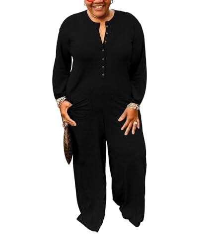 YeGine Plus Size Women Long Sleeve Loose Jumpsuit Casual Rompers One Piece Button Up Wide Leg Jumpsuits Black 2XL