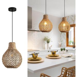 2-Pack Rattan Pendant Light Fixture, Bohemian Handmade Woven Bamboo Wicker Suspension Farmhouse Chandelier for Kitchen Island Bedroom Living Room (11.03inch)
