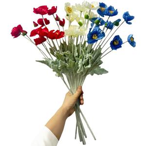 Poppy Flowers Artificial,Poppy Silk Flowers with StemsRanunculus Artificial FlowersFaux Flower Stems for Wedding,Party, Outdoor Indoor Decor flower arrangements for table (9, Red White Blue)