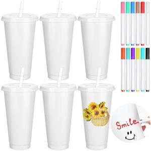 Yetene 6 Pcs Paint Your Own Cups Kit with 12 Color Pens DIY Paintable Plastic Cup with Lid and Straw DIY Personalized Plastic Tumbler for Adults Craft Gifts Party Favor Supply(24oz)