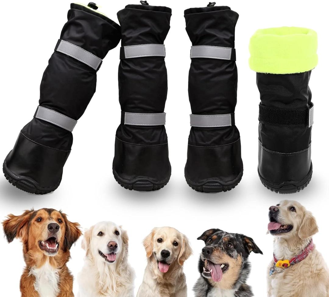 SUNFURA Dog Rain Boots with Warm Fleece, Waterproof and Skid-Proof Medium Large Dog Shoes with Reflective Straps and Rugged Sole, Pet Snow Booties Winter Paw Protector for Outdoor Running Hiking, L 