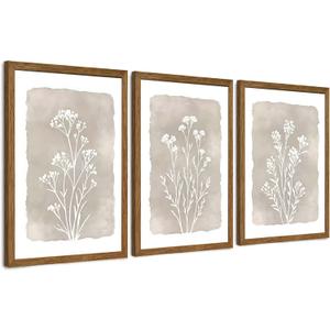 JLTULT 3 Piece Boho Beige Floral Wall Art, Minimalist Line Botanical Flower Wall Decor, Vintage Rustic Wildflower Art Prints for Living Room Bedroom Office Farmhouse decoration 20x30 in Ready to Hang