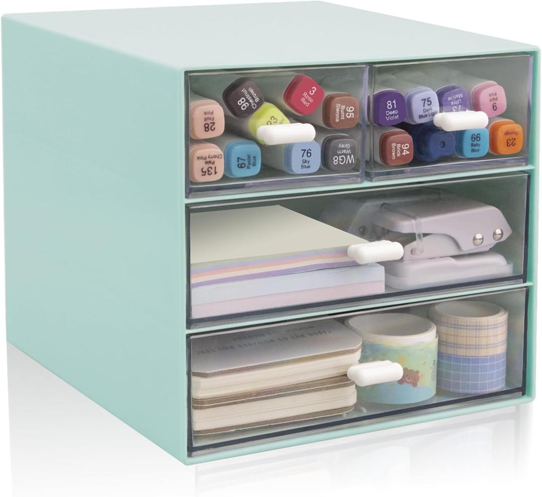 Desk Organizer with Drawer, Office Organizer with 4 Drawers, Desk Storage Box for, Desktop, Dressing table, Office, School, Home, Plastic Box and 4 Acrylic Drawers(Blue)