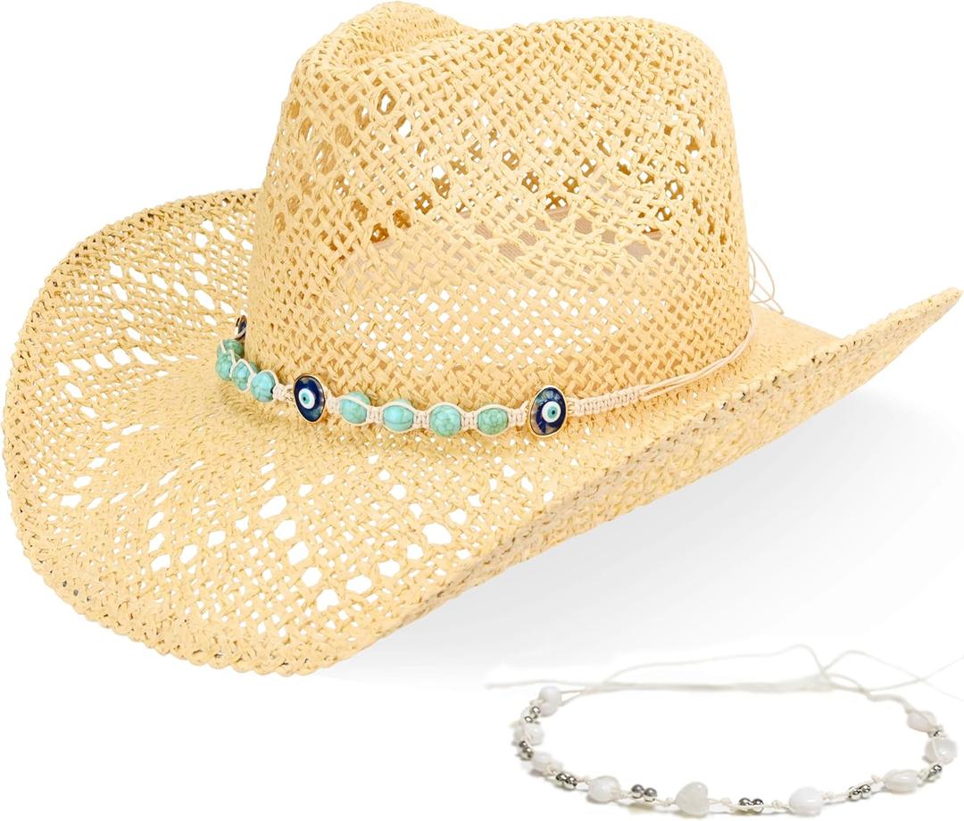 Women's Western Cowgirl Hat Men's Cowboy Hat Straw Cowboy Hat Woven Sun Hat Western HatUnique Two Decorative Bands