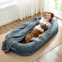 ChiXnuggle Human Dog Bed for Adult - Luxury Faux Fur Giant Size Dog Bed with Portable Handle, Egg Orthopedic Foam Bed with Blanket, 72"x40"x10", Grayish Blue