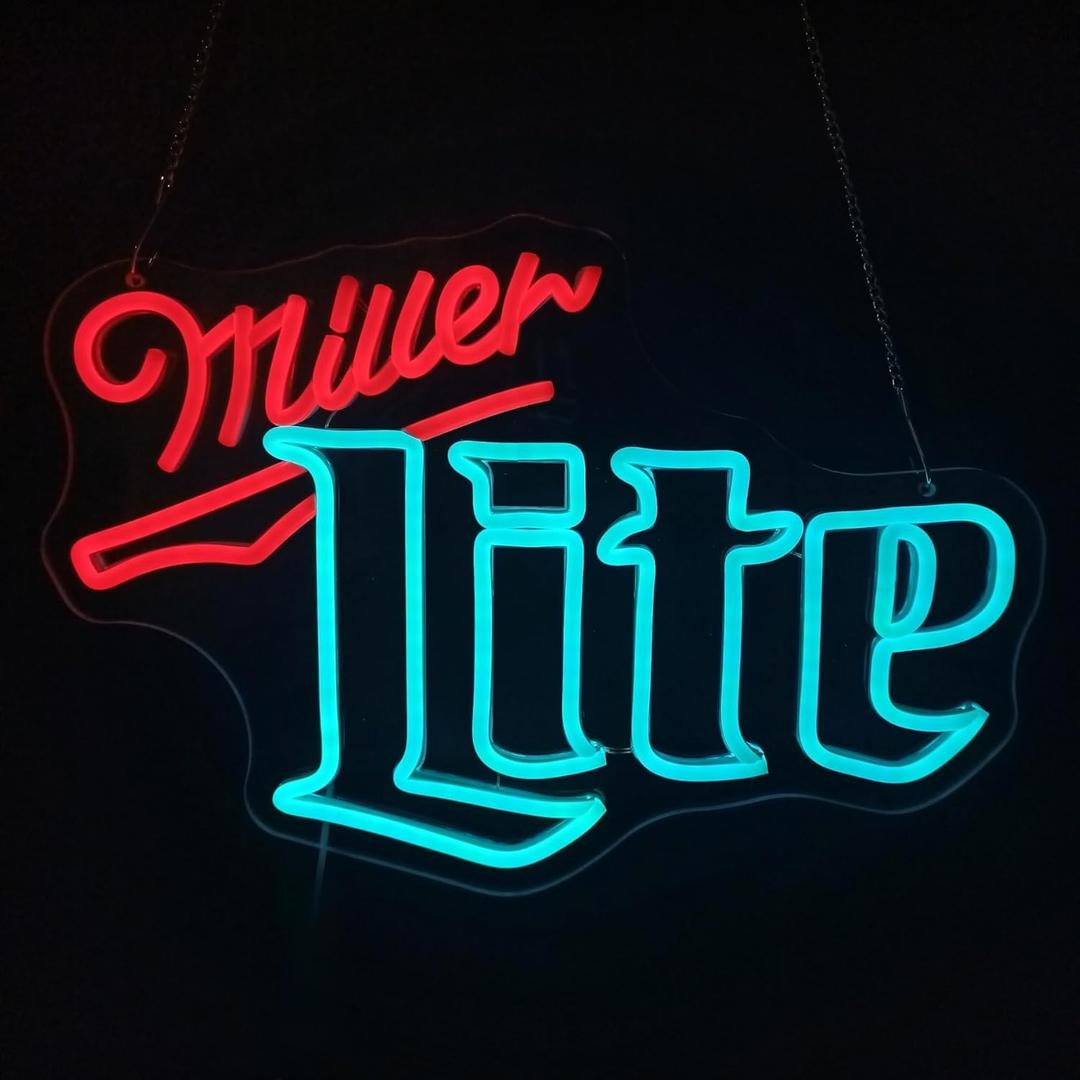 Beer Themed LED Neon Sign - Adjustable Brightness Wall Decor - Ideal for Man Cave, Bar, Pub - 16.5" x 12.2" (Miller-Lite 2)