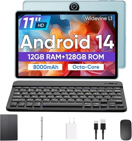 COLORROOM Tablet 11 inch Android 14 Tablet, 12GB RAM+128GB ROM, Octa-Core Tablets with Keyboard, GPS, 8000mAh, 800x1280 FHD Display, Dual Camera, WiFi, Bluetooth (Blue)