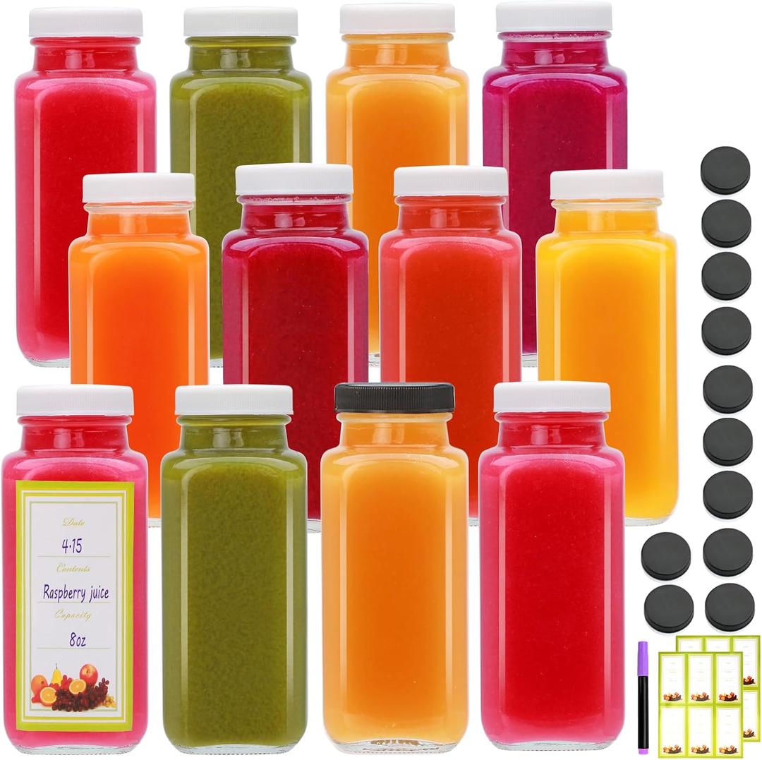 Brajttt Juice Bottles With Caps 8 oz,Glass Juicing Bottles Reusable,12 Pack Water bottles for Milk,Juice,Tea,Water,Honey,Jam,Kombucha,Honey,Portable Travel Bottle