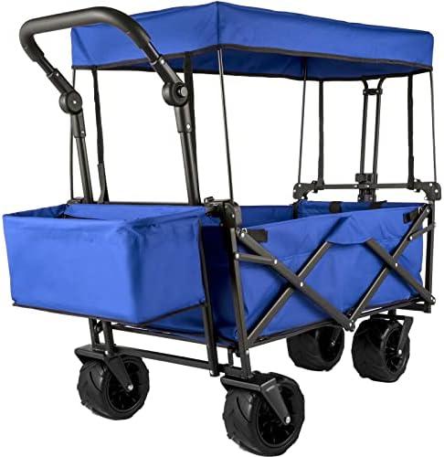 VEVOR Collapsible Wagon with Canopy, 220lbs Foldable Wagon, Beach Wagon Cart with Big Wheels and Canopy with Adjustable Push Pulling Handles