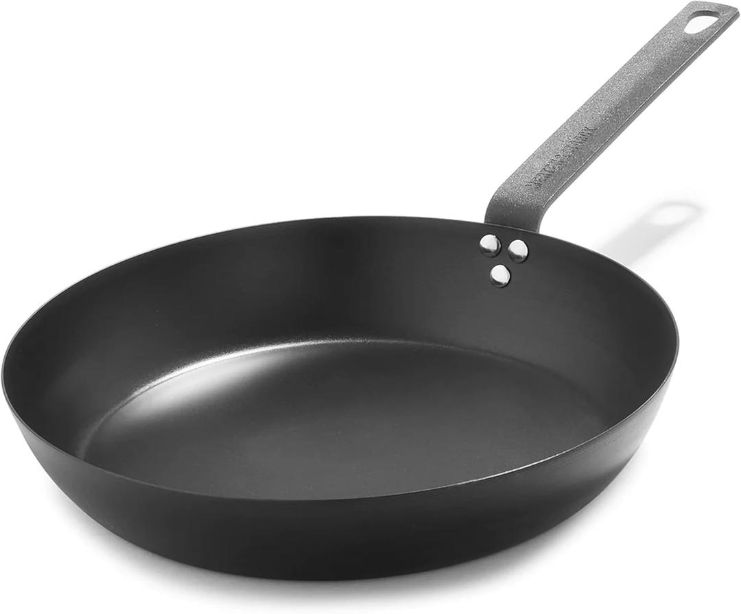 Merten & Storck Pre-Seasoned Carbon Steel 12 Frying Pan Skillet, Use on Induction, Stove and Grill, Durable, Even-Heating, for Searing, Grilling, Oven Use, and Campfire, Indoor/Outdoor (Black)
