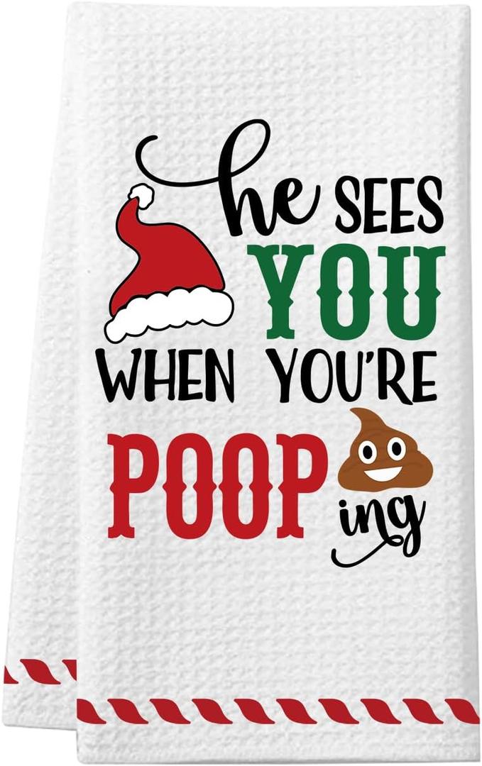 He Sees You When You're Pooping Hand Towels, Funny Christmas Kitchen Towel, Holiday Collection Dish Towels, Novelty Xmas Kitchen Bathroom Decorations, White Elephant Gag Gifts Stocking Stuffer
