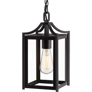 Outdoor Pendant Light, 14" Large Modern Hanging Porch Light with Adjustable Chain, Black Exterior Outdoor Hanging Lantern with Clear Glass for Porch Foyer Gazebo, 2439/1H