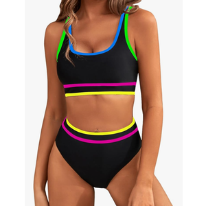 BMJL Women's High Waisted Bikini Sets Sporty Two Piece Swimsuits Color Block Cheeky High Cut Bathing Suits ,Size S, Rainbow Black011 BMJL Women's High Waisted Bikini Sets Sporty Two Piece Swimsuits Color Block Cheeky High Cut Bathing Suits ,Size S, Rainbow Black011