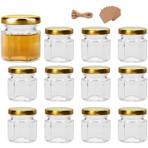 Encheng 1.5oz Clear Hexagon Jars,11 Pcs Mini Honey Jars with Golden Lids,Small Glass Jars with Tags and Jute Twine for Party Favor,Herbs,Jelly,Jams,Spices,Wedding Favor