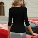 LUXVEER 3/4 Length Sleeve Womens Tops Lace Sexy V Neck Ribbed Knit Fitted T Shirts Dressy Casual Blouses Going Out Tops (Black, M)