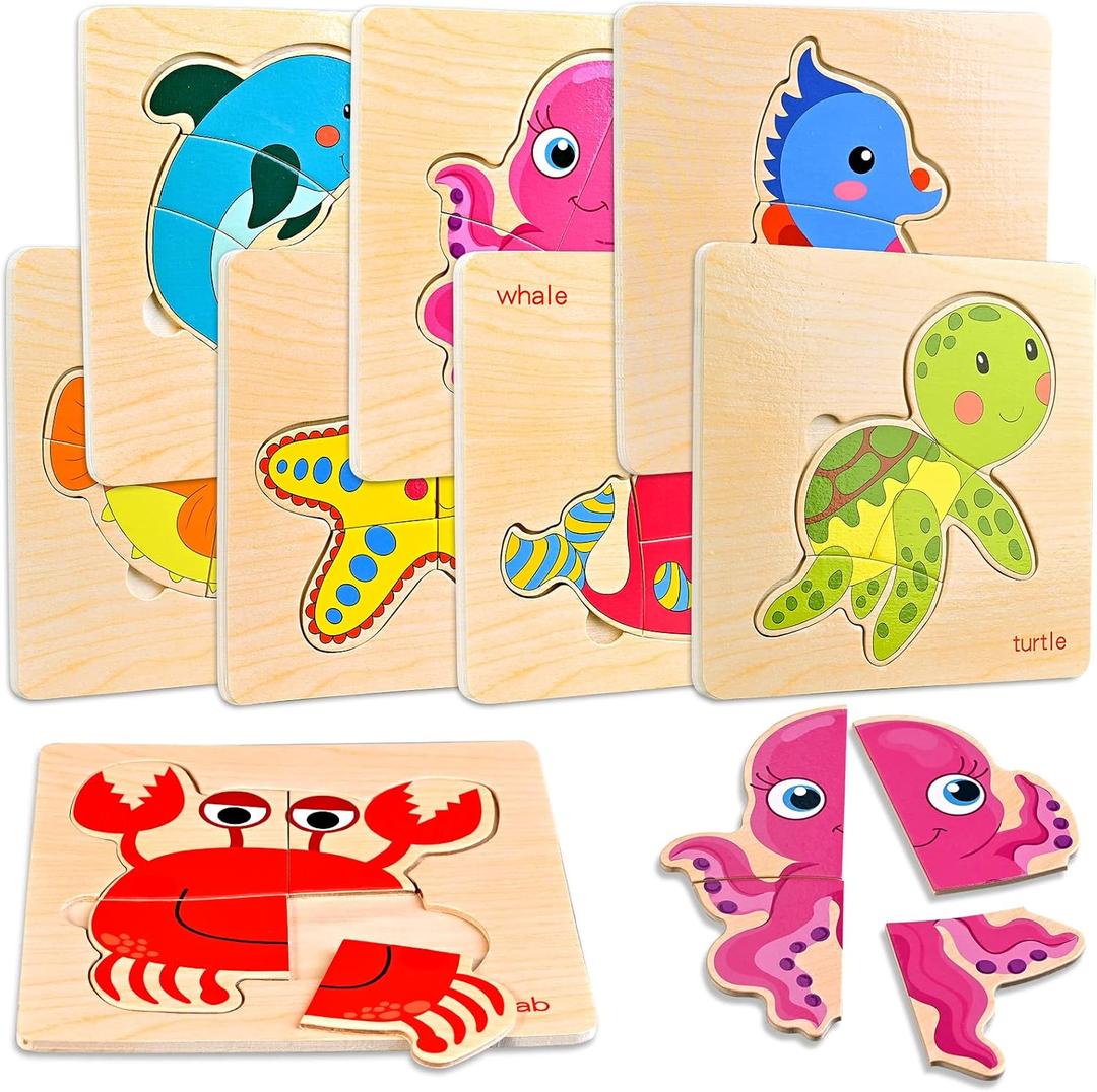 8pcs Wooden Puzzles for Toddlers 1-3, Toddler Puzzles Ages 2-4, Montessori Toys for 1-3+ Years Girl Boy, Sea Animal Puzzle for Kids, Jigsaw Puzzle Educational Toys Preschool for 1-4